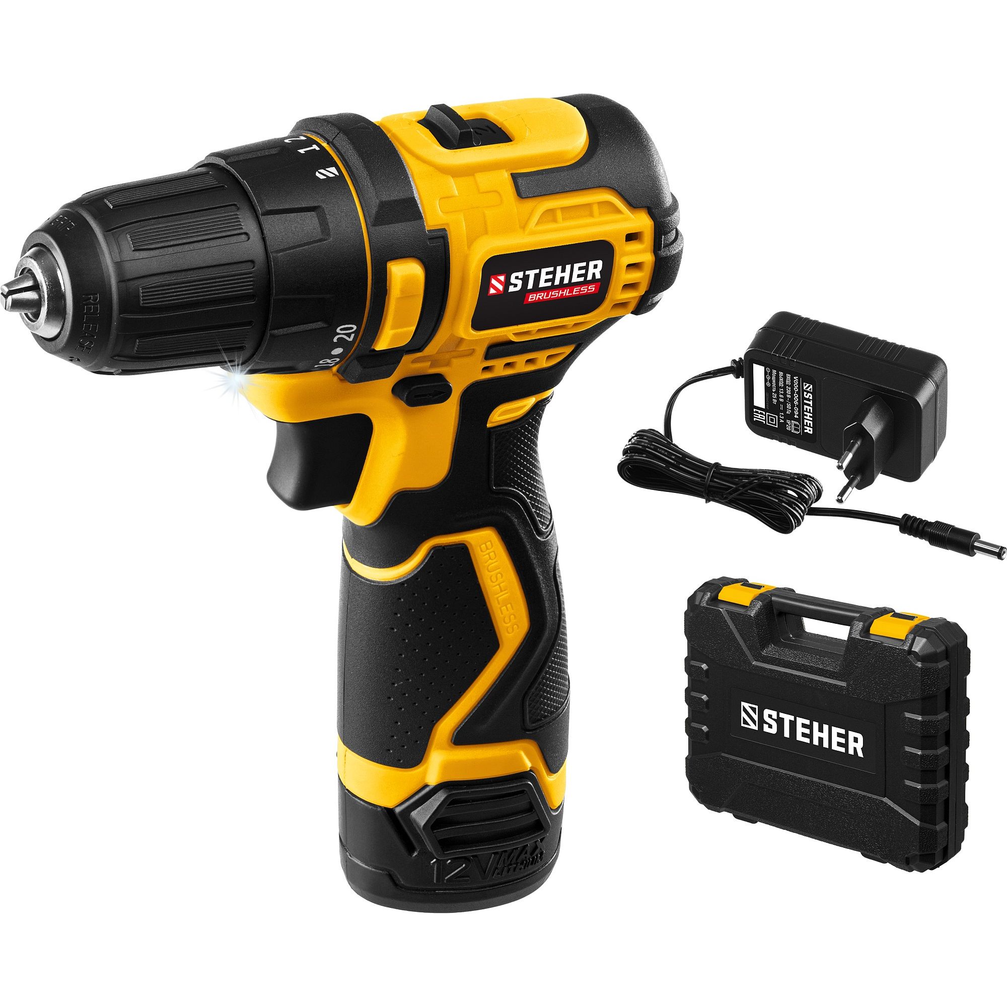 Бесщеточная дрель-шуруповерт, 1 АКБ (2 Ач), в кейсе CDB-120-1